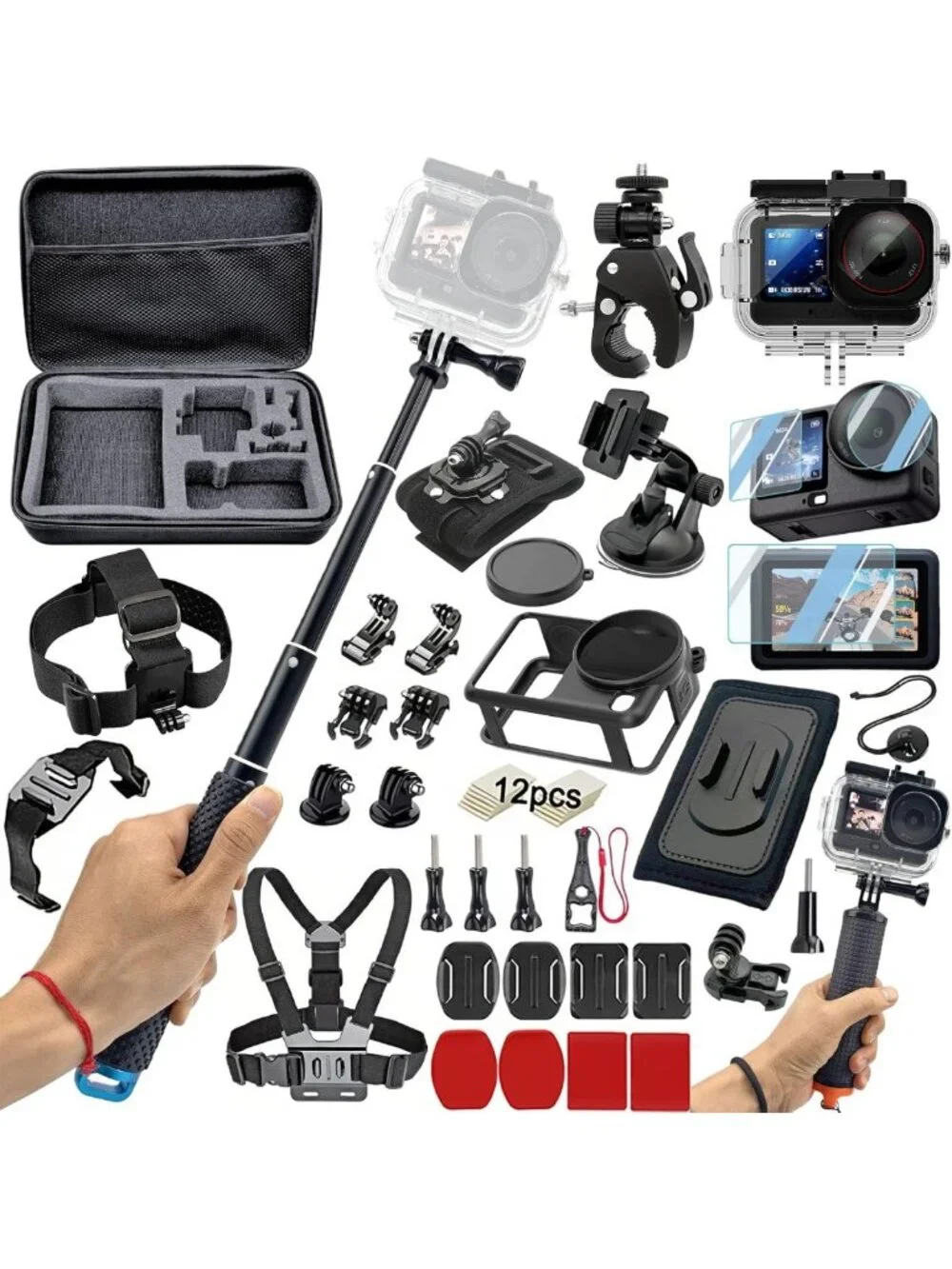 Ultimate Action Camera Accessories Kit: Waterproof Case, Selfie Stick, Clamp